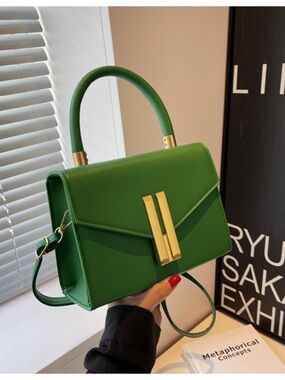 Green Top-Handle Women's Satchel Handbag with Gold Accents